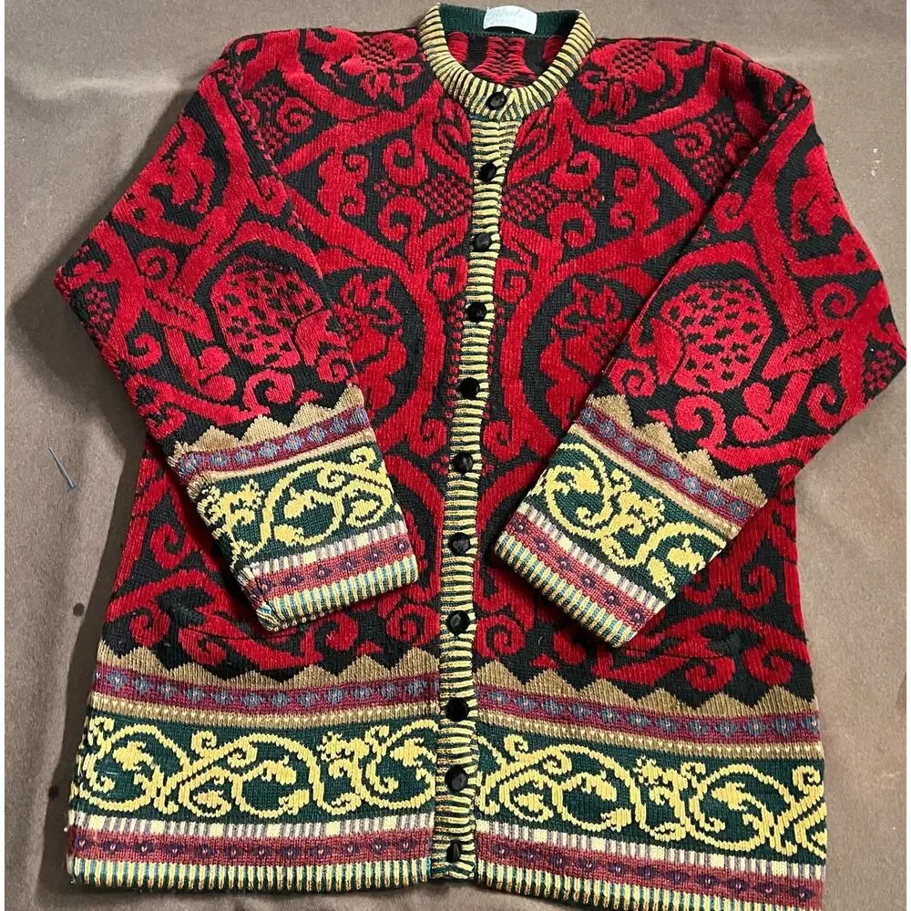 Vintage Maggie White Wool & Cotton Chenille Thick Cardigan Sweater Size  Large